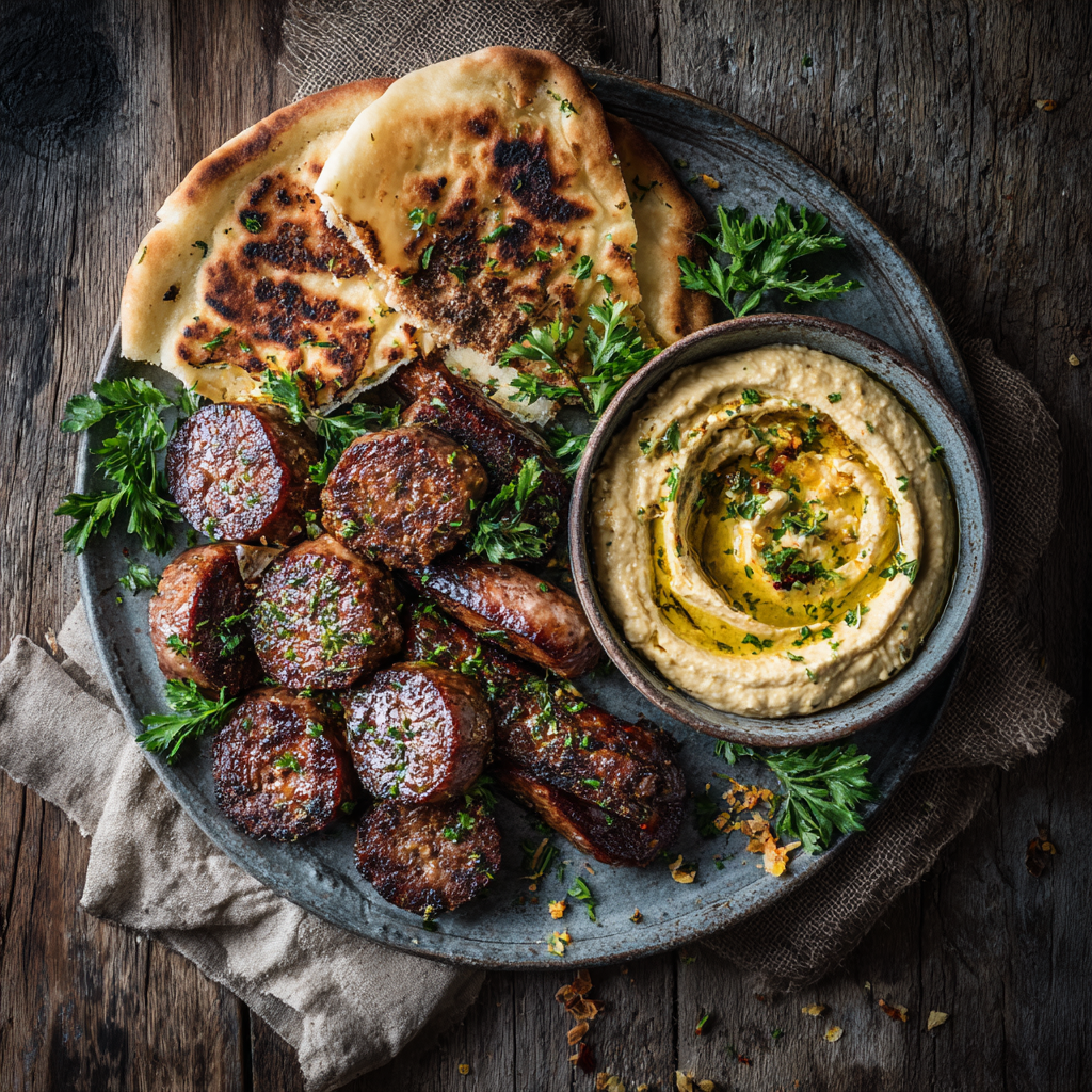 Slices of grilled Turkish beef sausage with hummus