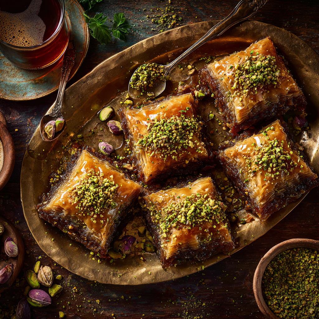 Three pieces of golden pistachio baklava on a brass tray