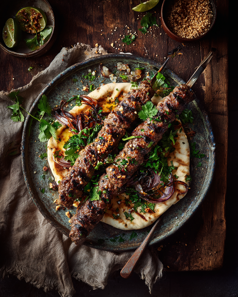 Single adana kofte skewer on warm flatbread with sumac onions