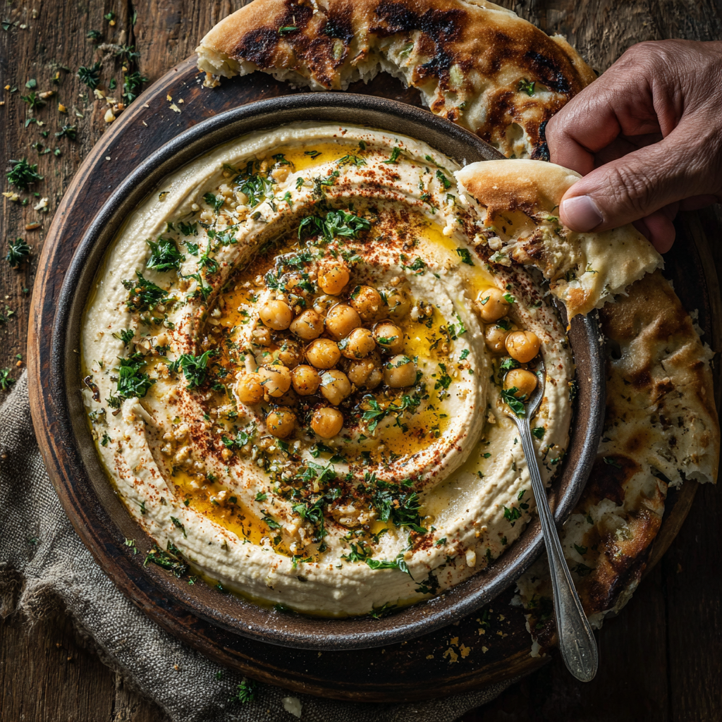 Bowl of hummus drizzled with olive oil and parsley